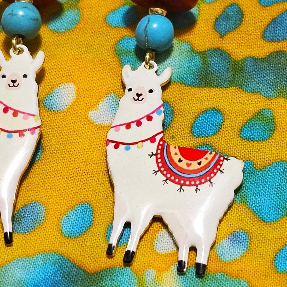 Artisan Earrings. Llamas. Colorful, Beaded. Pierced. - Picture 6 of 7